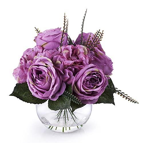【並行輸入品】ENOVA HOME Purple Hydrangea and Peony Flower Arrangement in Clea_4