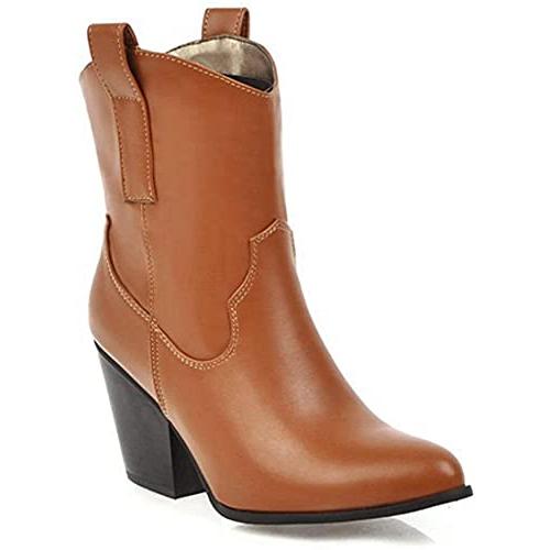 【並行輸入品】MOKOU Womens PU Leather Winter Wide Calf Cowboy Riding Chelsea Aの画像
