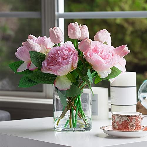 【並行輸入品】Enova 花瓶付き造花 アレンジメント、花瓶にフェイクフラワー、人工リアルタッチチューリップとフェイクシルクピオニーフラワーの花_4