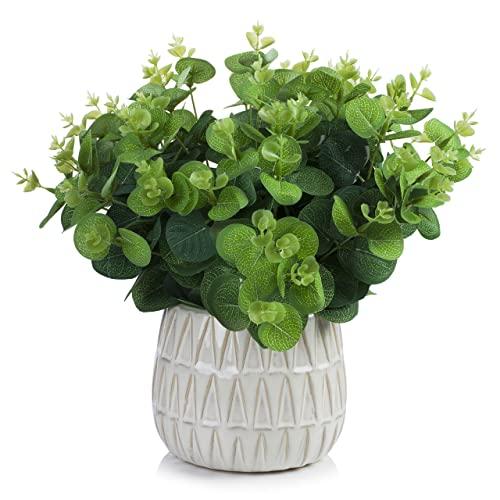 【並行輸入品】Enova フローラル人工鉢植え植物、ホワイトセラミックポット付き小型人工ユーカリ草、フェイクウォーター付き人工鉢植え植え植物、室_1