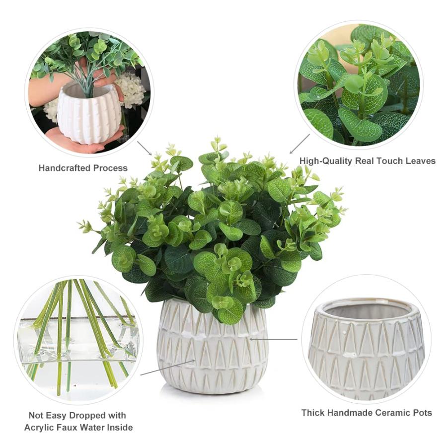 【並行輸入品】Enova フローラル人工鉢植え植物、ホワイトセラミックポット付き小型人工ユーカリ草、フェイクウォーター付き人工鉢植え植え植物、室_3