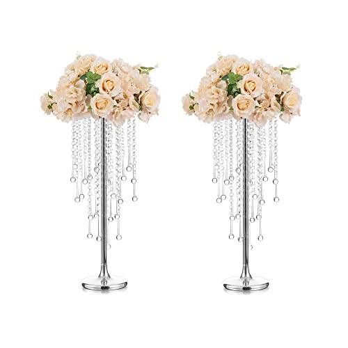【並行輸入品】シルバー花瓶 ウェディングセンターピース テーブル用 高さ21.7インチ シャンデリアクリスタル付き センターピーステーブル装飾_1
