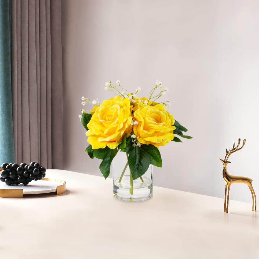 【並行輸入品】ENOVA フローラル シルクローズ 造花 花瓶入り イエロー フェイクローズ 花瓶とフェイクウォーター付き テーブルデコレーショ_3