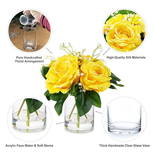 【並行輸入品】ENOVA フローラル シルクローズ 造花 花瓶入り イエロー フェイクローズ 花瓶とフェイクウォーター付き テーブルデコレーショ_7