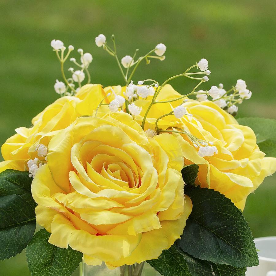 【並行輸入品】ENOVA フローラル シルクローズ 造花 花瓶入り イエロー フェイクローズ 花瓶とフェイクウォーター付き テーブルデコレーショ_9