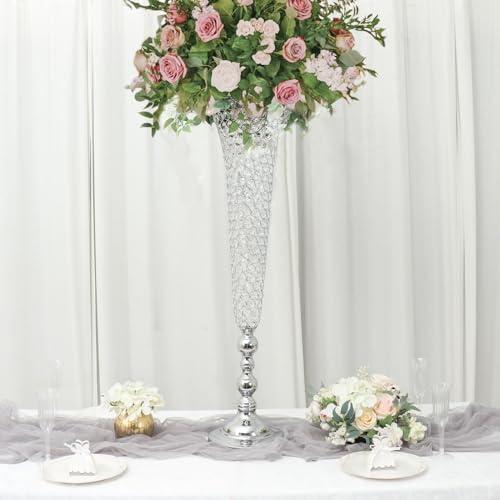 【並行輸入品】Efavormart 2 Pack | Silver 40” Tall Crystal Beaded Trumpet Vaseの画像