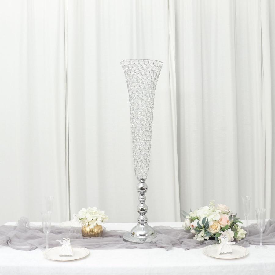 【並行輸入品】Efavormart 2 Pack | Silver 40” Tall Crystal Beaded Trumpet Vaseの画像