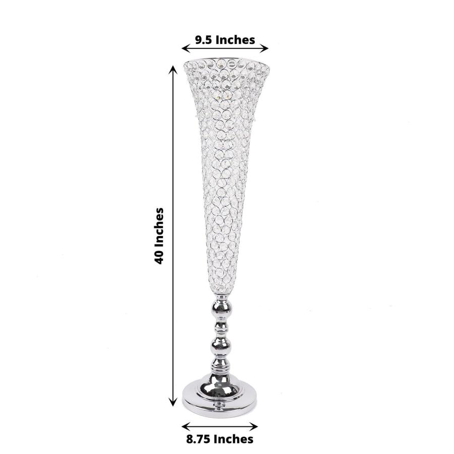 【並行輸入品】Efavormart 2 Pack | Silver 40” Tall Crystal Beaded Trumpet Vaseの画像