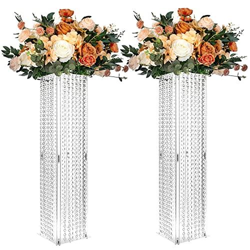 【並行輸入品】ウェディングセンターピーステーブルアクリル花瓶 シャンデリアクリスタル付き 高さ31.5インチ クリア 長方形 フラワースタンド_1