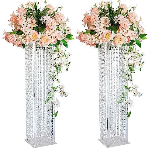【並行輸入品】アクリルコラムフラワースタンド シャンデリアクリスタルビーズ付き 2個 31.5インチ クリア花瓶ホルダー アクリルトール花瓶 セ_1