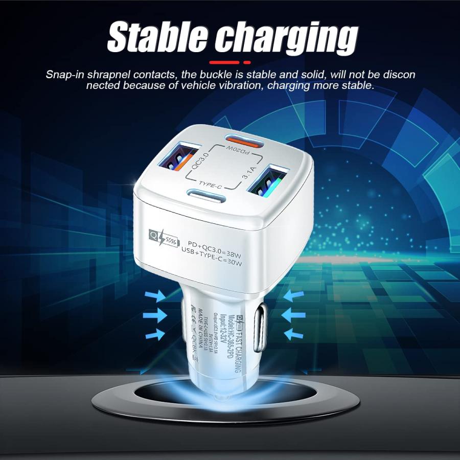 【並行輸入品】車用充電器アダプター 4ポート 2USB高速車載電話充電器 38W PD Type C QC3.0 マルチポートスマートクイックチ |  | 03