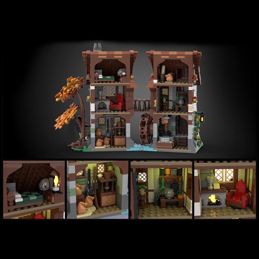 【並行輸入品】Medieval Watermill Building Model， Waterwheel Hut House Creative_3