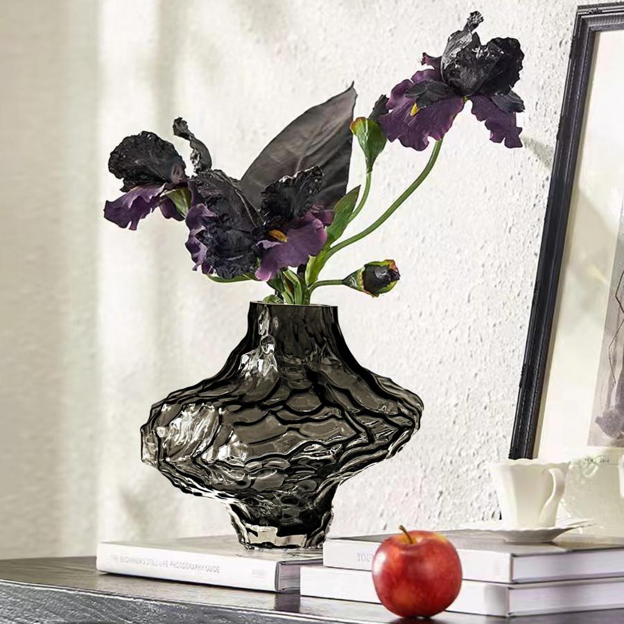 並行輸入品】Yannige ガラス花瓶 H 6.7インチ 黒 花瓶 氷河テクスチャ