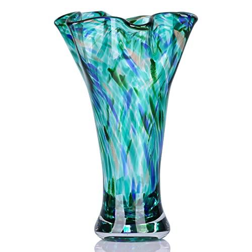 【並行輸入品】9.0" H Teal Glass Vases for Flowers， Hand Blow Glass Vase Teal H_1