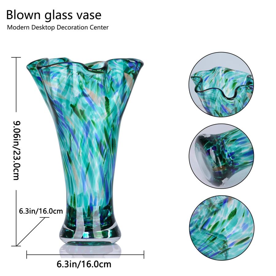 【並行輸入品】9.0" H Teal Glass Vases for Flowers， Hand Blow Glass Vase Teal H_3