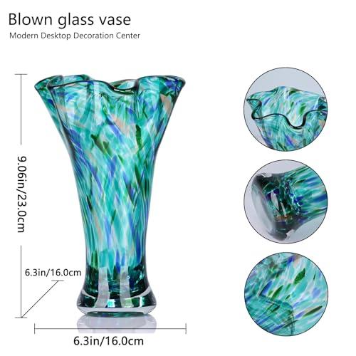 【並行輸入品】9.0" H Teal Glass Vases for Flowers， Hand Blow Glass Vase Teal H_4