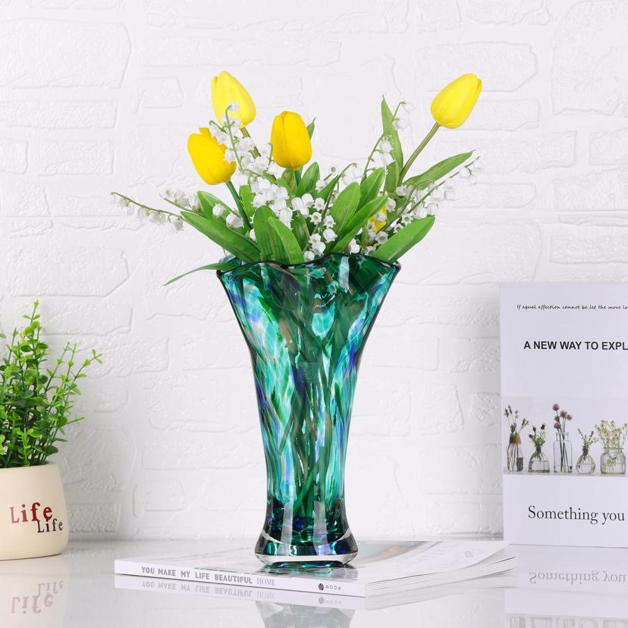 【並行輸入品】9.0" H Teal Glass Vases for Flowers， Hand Blow Glass Vase Teal H_6