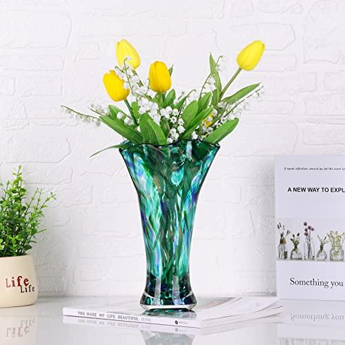 【並行輸入品】9.0" H Teal Glass Vases for Flowers， Hand Blow Glass Vase Teal H_7
