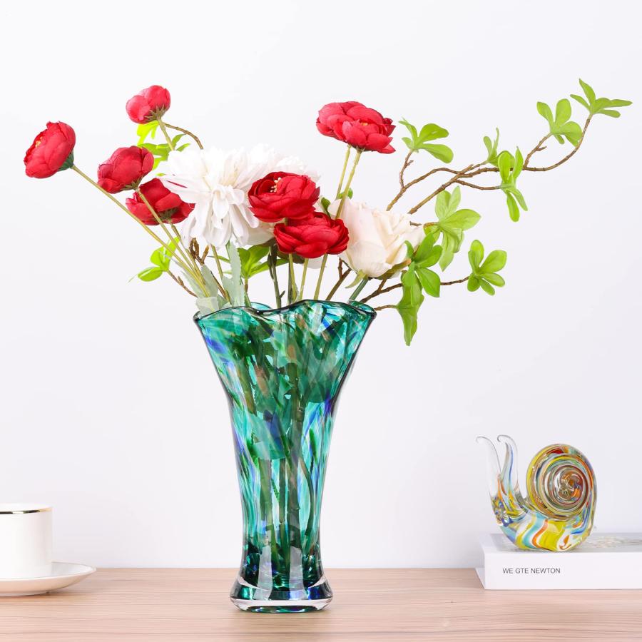 【並行輸入品】9.0" H Teal Glass Vases for Flowers， Hand Blow Glass Vase Teal H_9