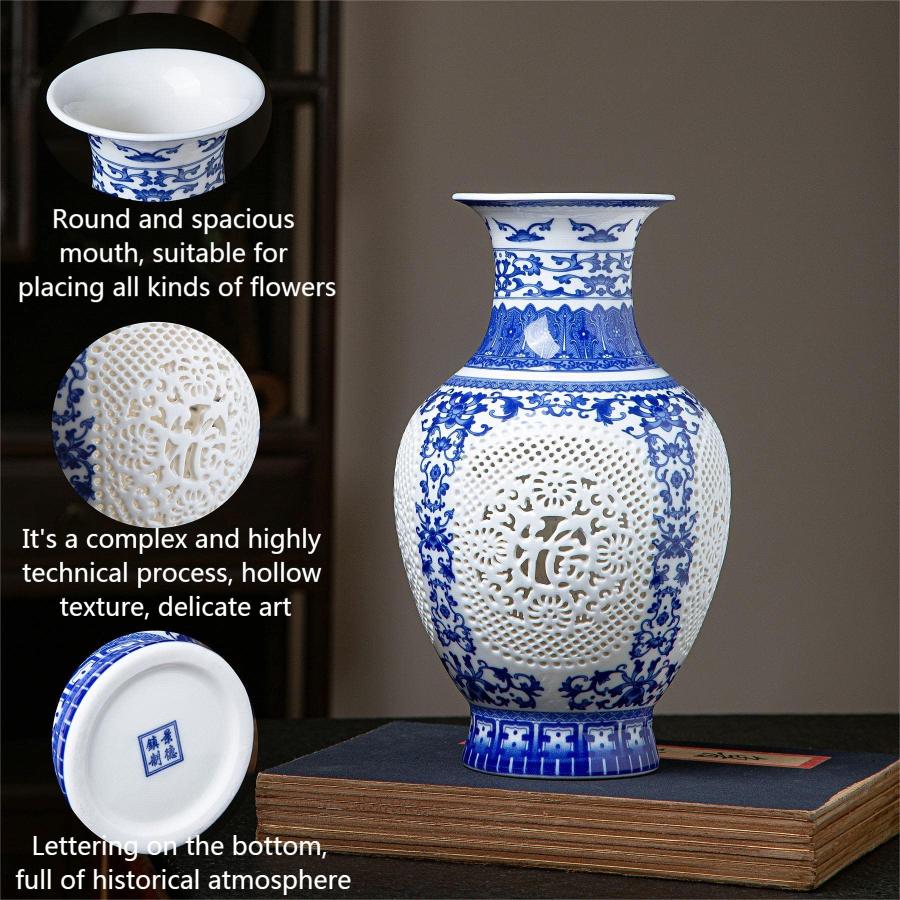 【並行輸入品】青と白の花瓶 中空アート付きハンドメイドセラミック花瓶 大きな中国磁器の花瓶花瓶 ホームデコレーション用 高さ11インチ クラシッ |  | 09