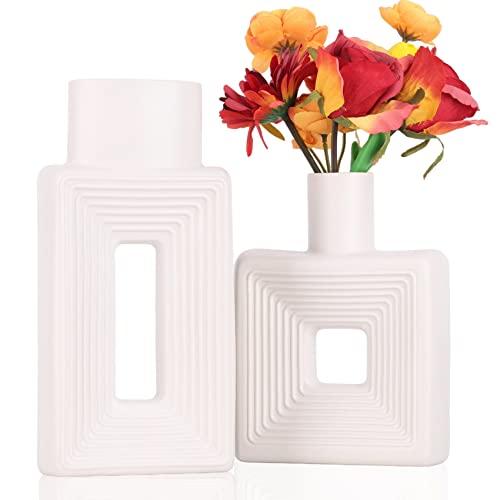 ホワイト陶器 花瓶セット 大小2個 並行輸入品】陶器製の花瓶2個セット、正方形の花瓶セット (ホワイト