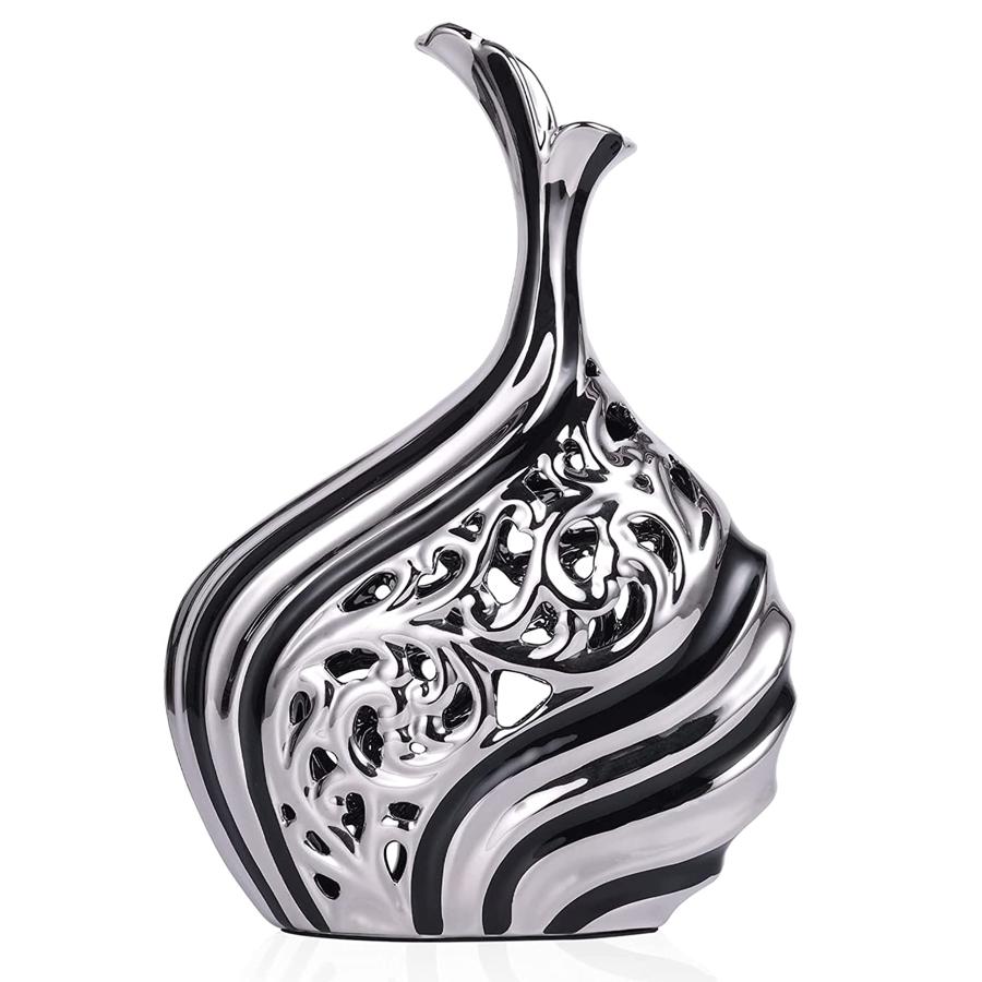 ⑭黒と銀の装飾陶器鉢花器