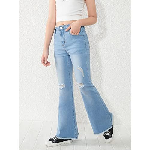 【並行輸入品】SHENHE Girl's High Waisted Flare Leg Jeans Split Raw Hem Denim P_7