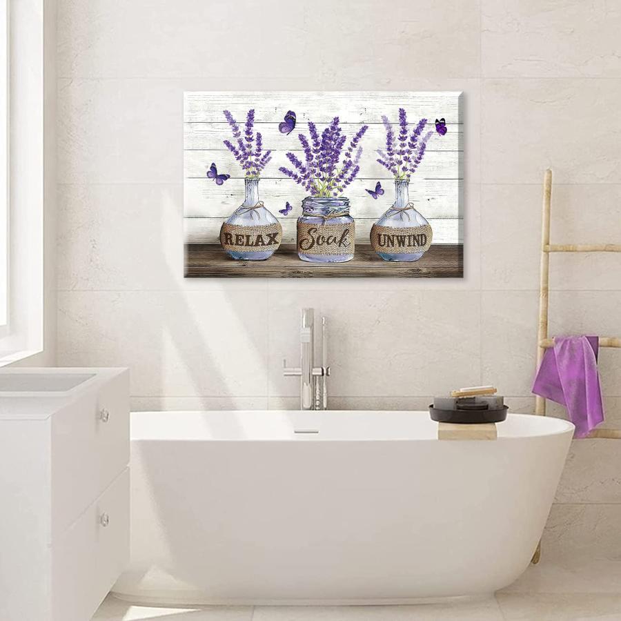 【並行輸入品】ラベンダーキャンバスウォールアート リラックスソークアンワインド バスルーム 写真 紫の花 絵画 花瓶に入った花 ポスター プリン_3
