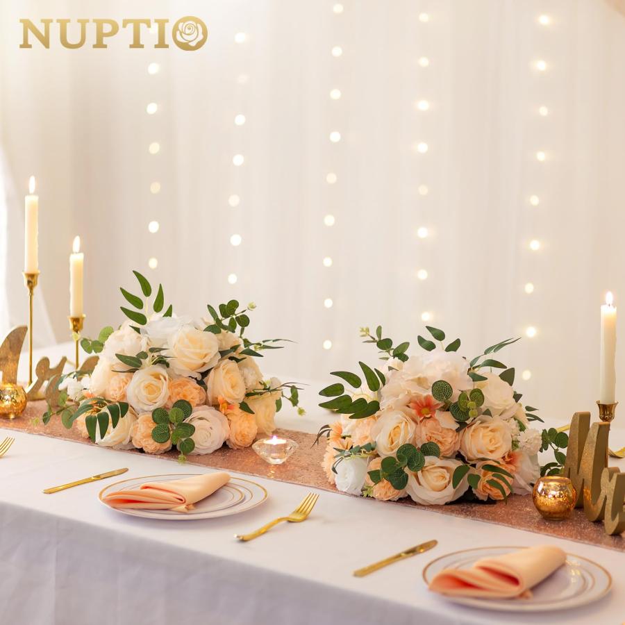 【並行輸入品】NUPTIO フラワーボール アレンジメント ブーケ 直径13.8インチ シャンパン&ホワイト フェイクフラワー ローズボール_3
