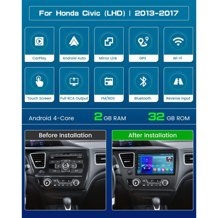 【並行輸入品】Roinvou 2+64G Android CarPlay Stereo for 2013 2017 Honda Civic(L