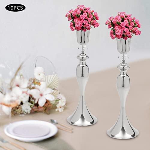 【並行輸入品】Silver Wedding Centerpieces 10 Pcs, Silver Metal Trumpet Flowerの画像