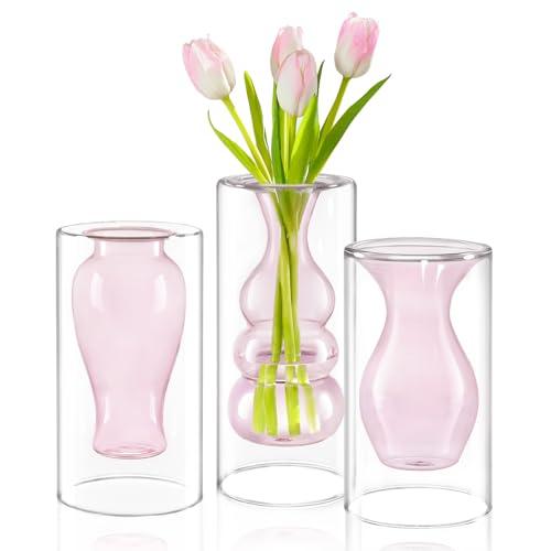 並行輸入品】ZENS Unique Small Pink Flower Vase Set of 3, Modern