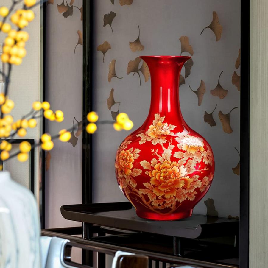 【並行輸入品】Red Peony Flower Ceramic Vase, Chinese Tradition Decorative Porcの画像
