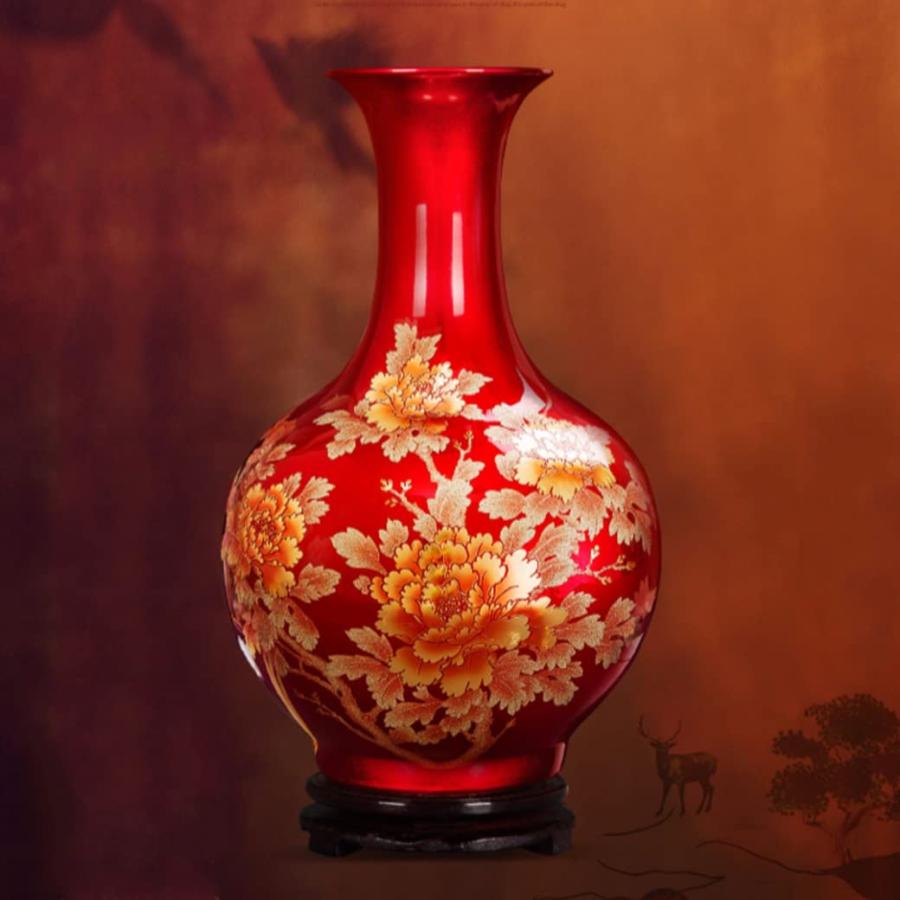 【並行輸入品】Red Peony Flower Ceramic Vase, Chinese Tradition Decorative Porcの画像