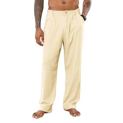 【並行輸入品】PASLTER Mens Casual Cotton Linen Pants Loose Fit Elastic Waist Y_1