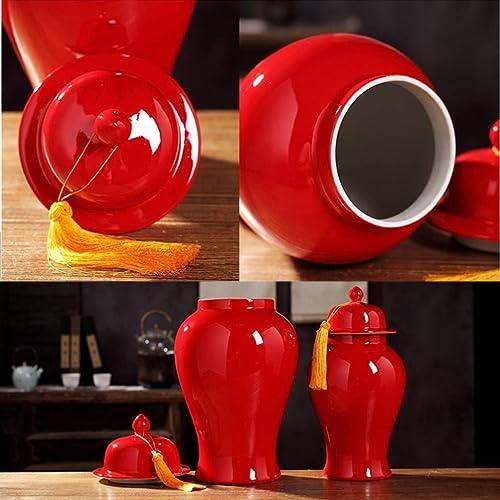 並行輸入品】Red Ceramic Vases Ginger Jar with Lid and Tassels for