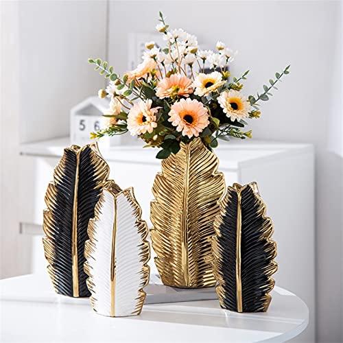 【並行輸入品】Flower Vases 2pcs Nordic Black Gold White Plating Leaf Ceramic Vの画像