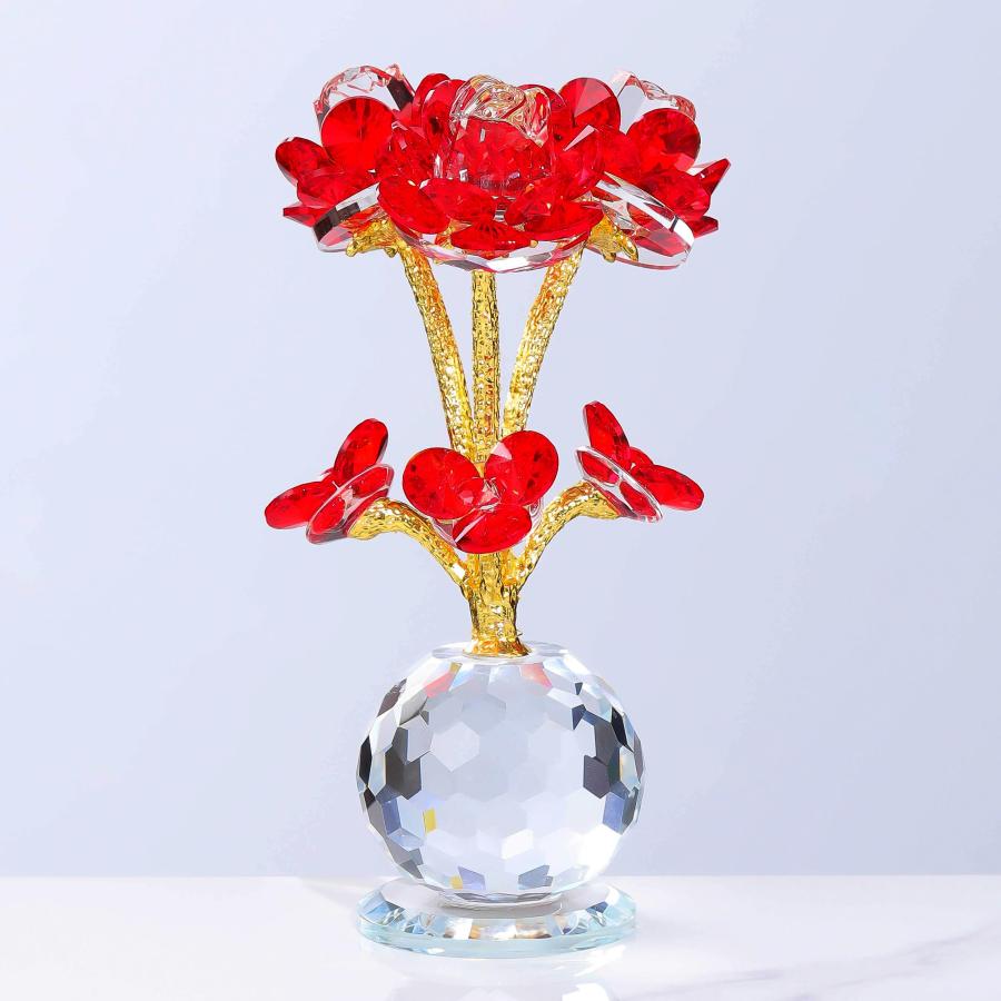 並行輸入品】赤いバラの花のクリスタルの置物 花瓶付き ガラスの花 茎