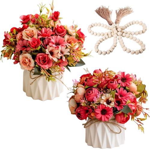 並行輸入品】造花 花瓶付き 2個セット + 木製ビーズ フェイク牡丹の花