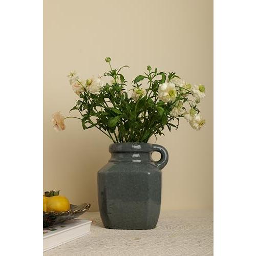 【並行輸入品】Blue Ceramic Vase with Hnadle, Vintage Flower Vase for Home Decoの画像