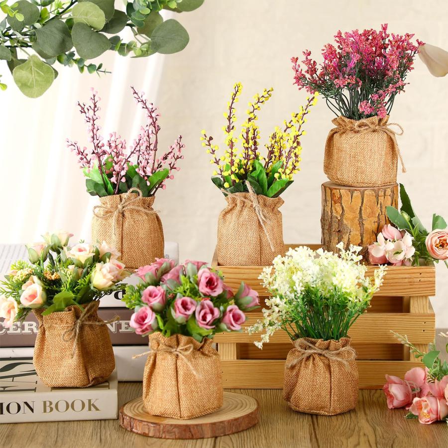 6個 人工鉢植え花 プラスチックフェイクフラワー 小さな黄麻布袋入り 花瓶 フェイク春の花 盆栽 フェイク鉢植え  【ユズ】 並行輸入品