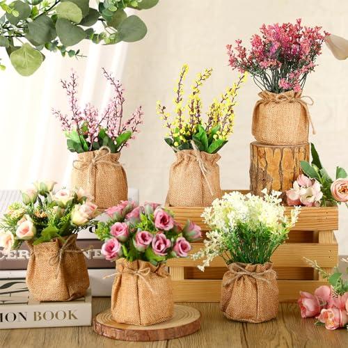 6個 人工鉢植え花 プラスチックフェイクフラワー 小さな黄麻布袋入り 花瓶 フェイク春の花 盆栽 フェイク鉢植え  【ユズ】 並行輸入品