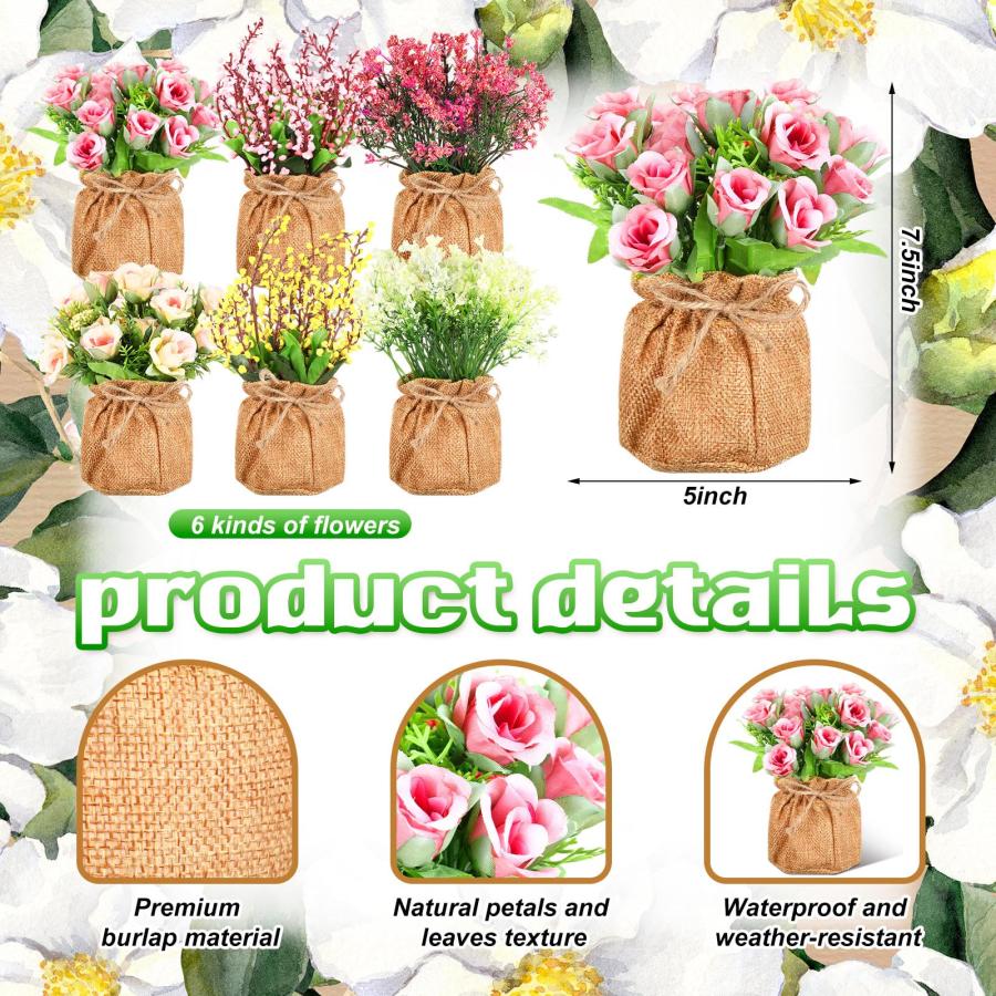 6個 人工鉢植え花 プラスチックフェイクフラワー 小さな黄麻布袋入り 花瓶 フェイク春の花 盆栽 フェイク鉢植え  【ユズ】 並行輸入品