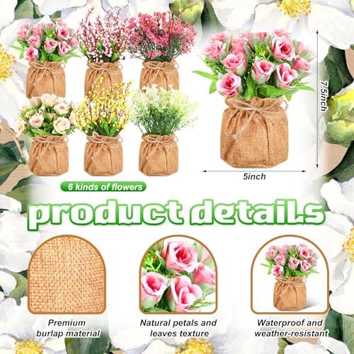 6個 人工鉢植え花 プラスチックフェイクフラワー 小さな黄麻布袋入り 花瓶 フェイク春の花 盆栽 フェイク鉢植え  【ユズ】 並行輸入品
