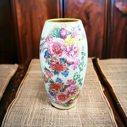 【並行輸入品】Ceramic White Vase with Large Bouquet of Flowers Print   10in, F_1
