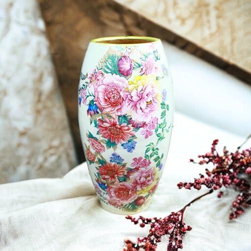 【並行輸入品】Ceramic White Vase with Large Bouquet of Flowers Print   10in, F_4