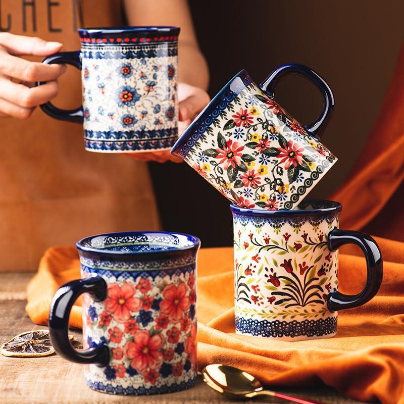 【並行輸入品】Pottery Coffee Mug Set,14oz, Hand Painted Ceramic Tea Cups withの画像