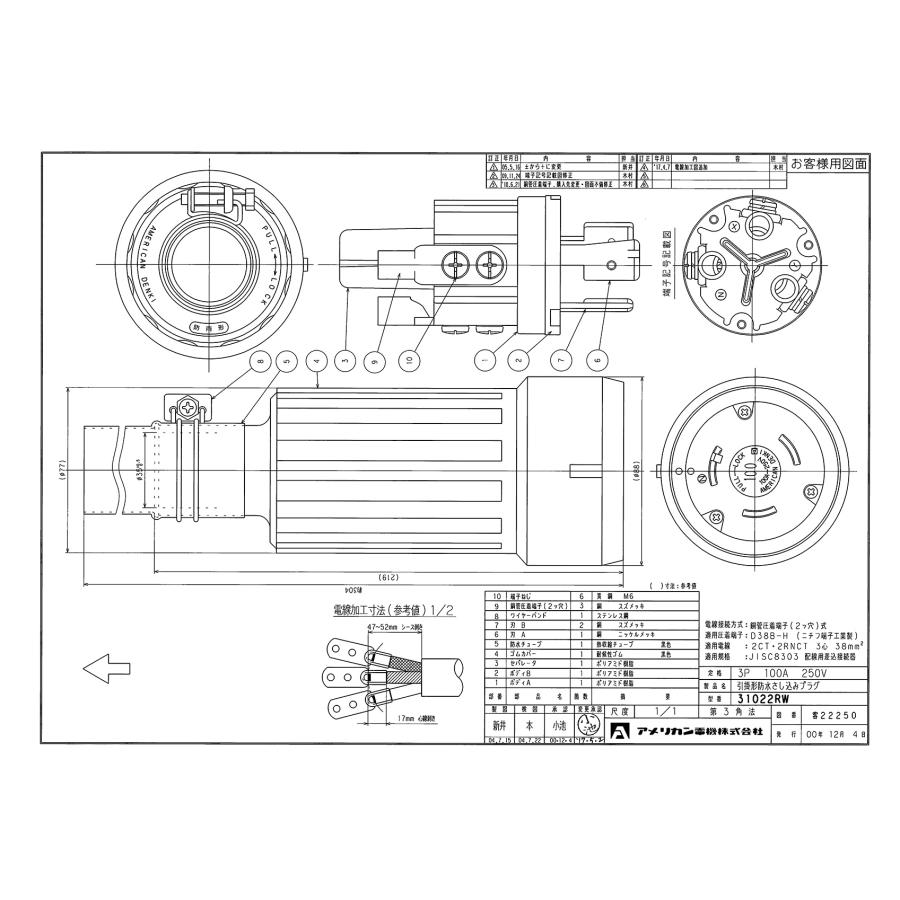 アメリカン電機　3P　100A　250V　防水型プラグ　引掛　31022RW