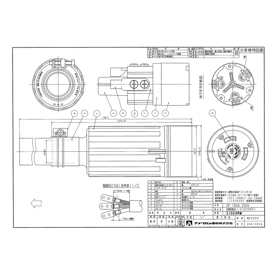 アメリカン電機　3P　100A　(ゴムカバー)　250V　防水形コードコネクタボディ　引掛形　31024RW