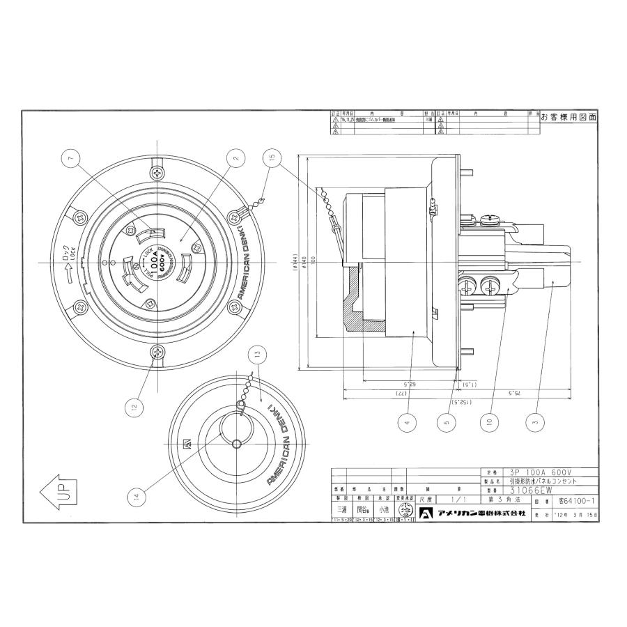 アメリカン電機　3P　100A　600V　防水形パネル用コンセント　引掛　31066EW